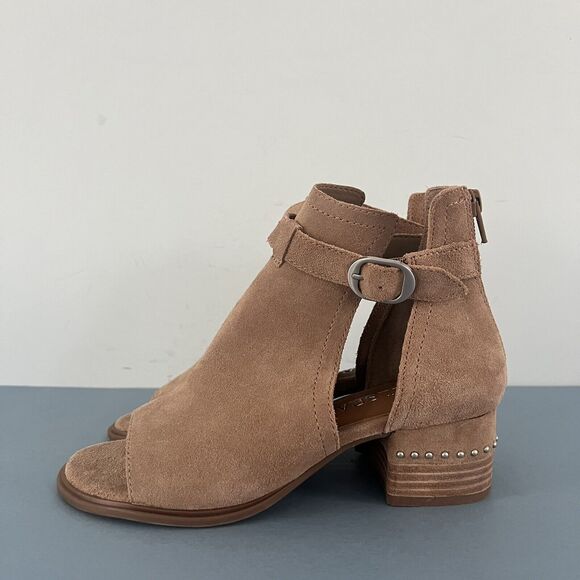 Chelsea & Violet Hendricks Suede Tan Peep Toe Cut Out Heel Shooties - Picture 4 of 8